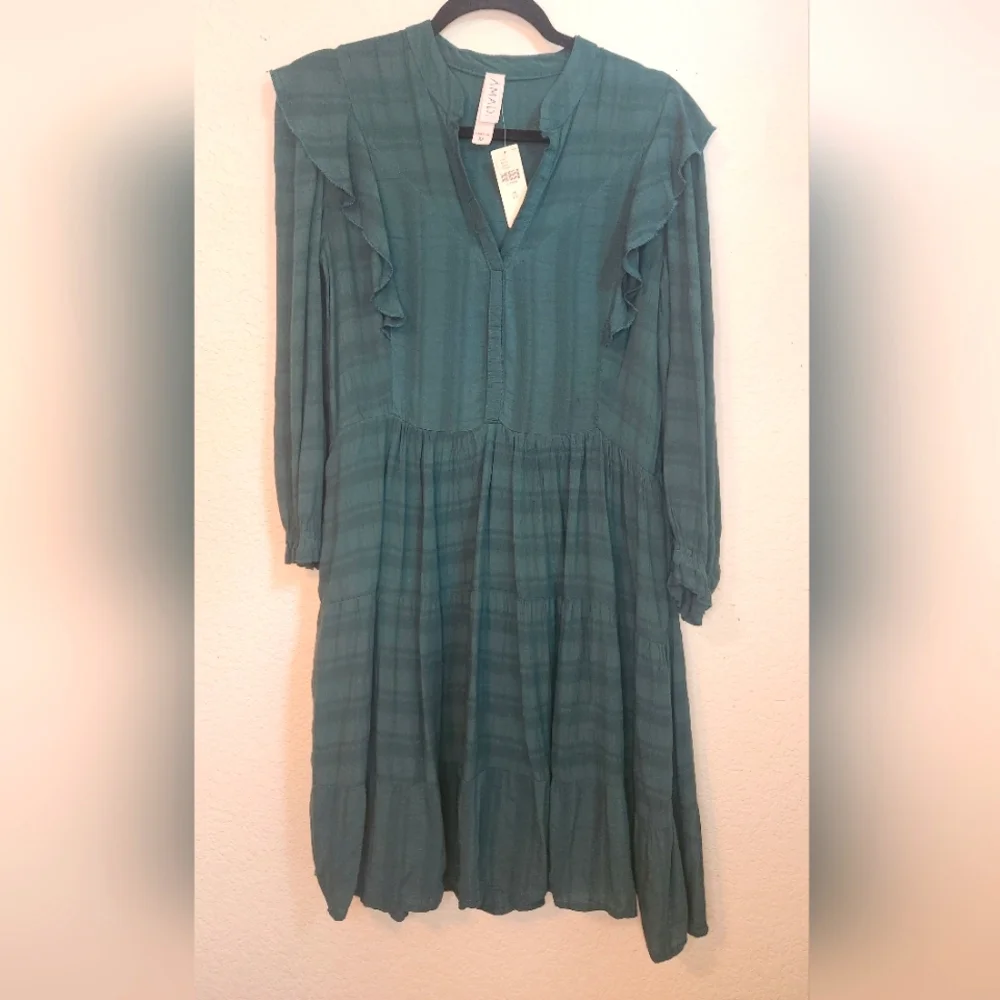 NWT Anthropologie Amadi Turquoise Rossi Ruffled Tunic Long-Sleeve Dress, Size XS